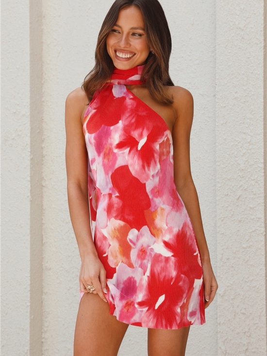 Hello Molly Dresses & Skirts - Hello Molly Red and Pink Floral Halter Mini Dress NWT l